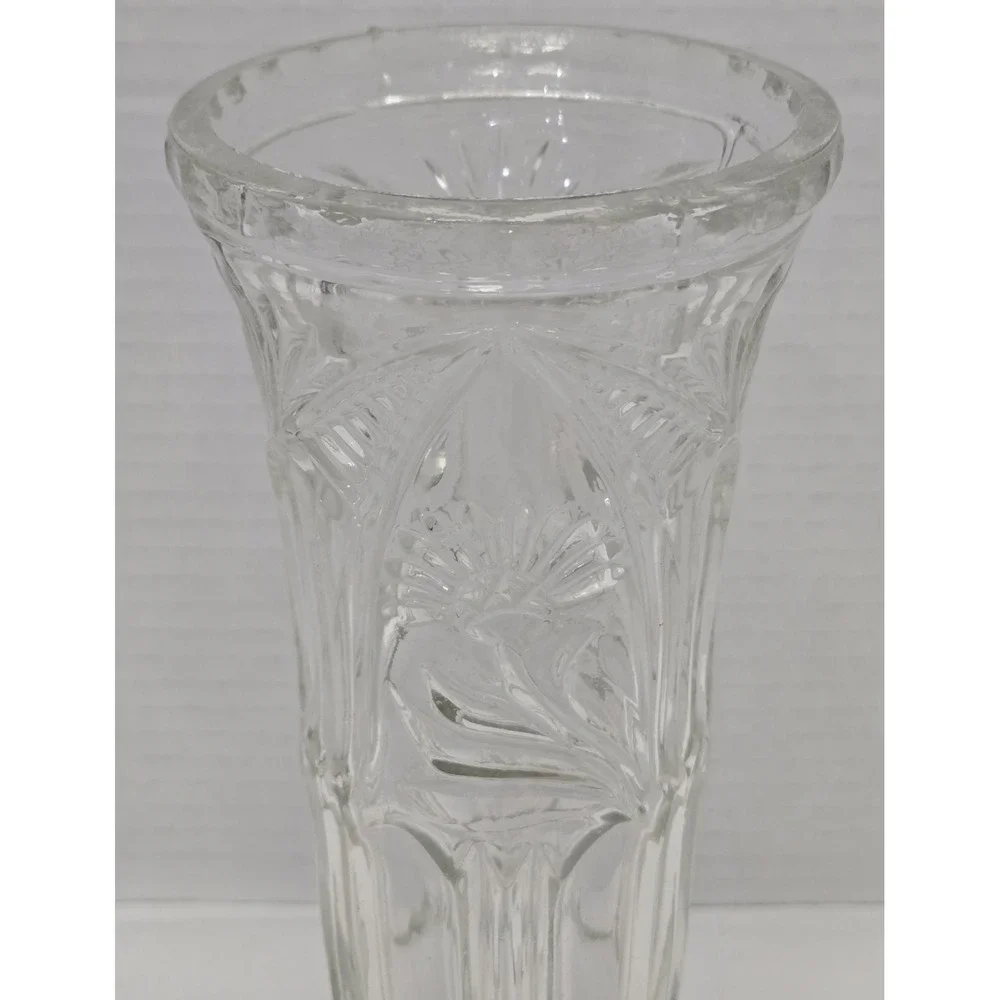 Vtg Clear Pressed Glass Pedestal Vase, Scalloped Fan Diamond Rim Footed Trumpet